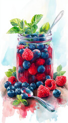 A jar of mixed berries including raspberries, strawberries, and blueberries, served with a spoon and fresh mint leaves, placed on a rustic wooden table with natural light filtering through


