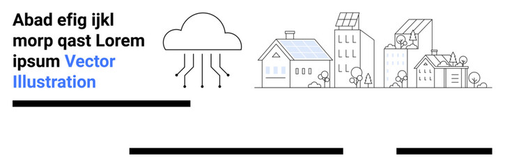 Cloud symbol connected to various urban buildings with solar panels and trees. Ideal for smart city concepts, environmental awareness, green energy, urban planning, technology integration, IT