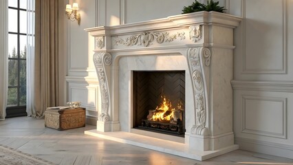 Elegant White Marble Fireplace with Classical Design & Flames V4