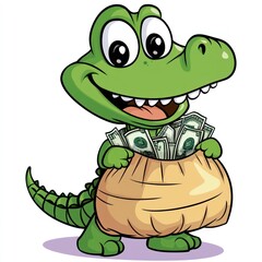 Fototapeta premium Cartoon alligator holding money bag