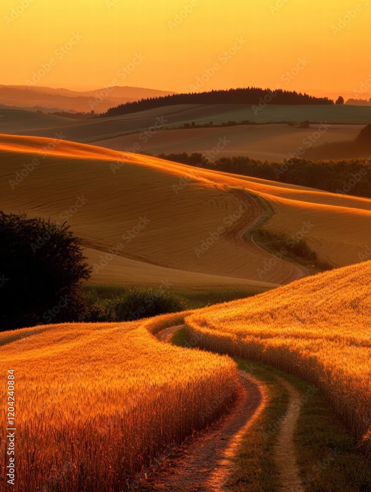 Aufkleber Golden fields and winding paths under a stunning sunset in the countryside. Generative AI