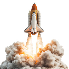 Naklejka premium Space shuttle launch with smoke and flames isolated white and transparent background