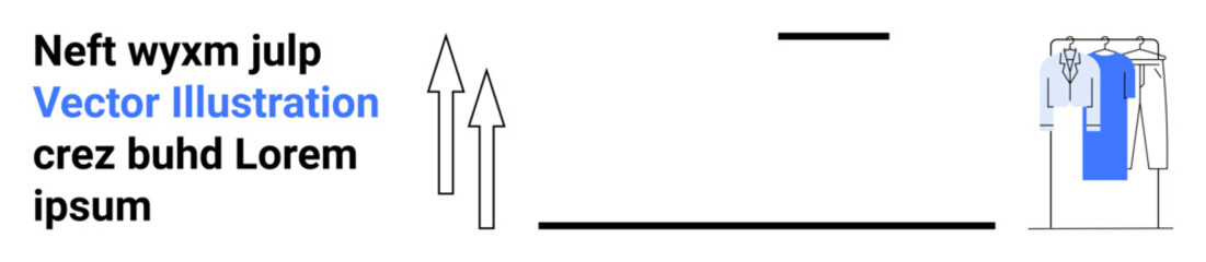 Arrows pointing up beside stylized text and a minimalistic line design leads to a right-side capsule-thumbs up structure with blue components and hanging elements. Ideal for diagrams, info-graphics