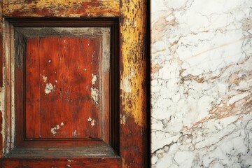 Aged wooden frame with weathered paint juxtaposed against a marble wall.