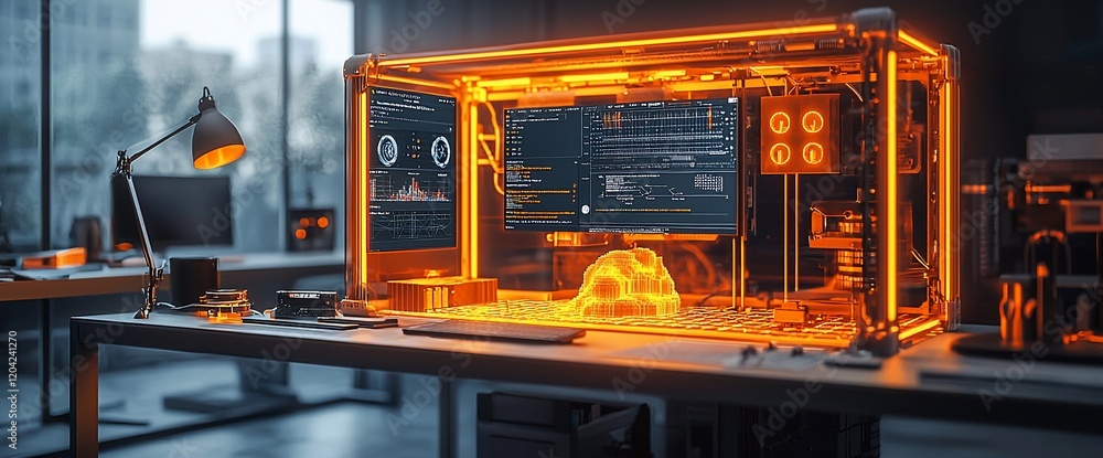 Poster Illuminated computer with glowing case and data screens on desk.