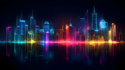 Fototapeta premium futuristic city skyline with fragmented digital effects and glitch patterns. Neon lights in vibrant colors.