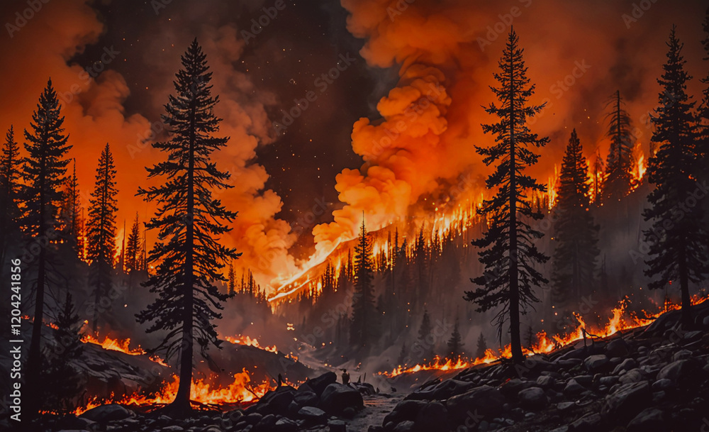 Poster a forest fire is raging through a wooded area, with trees and smoke filling the sky. the scene is da