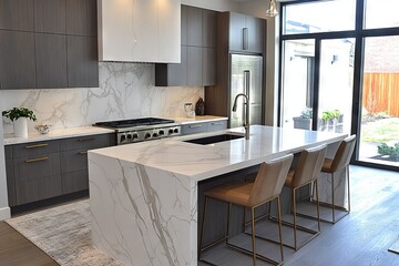 Modern kitchen with marble island and breakfast bar