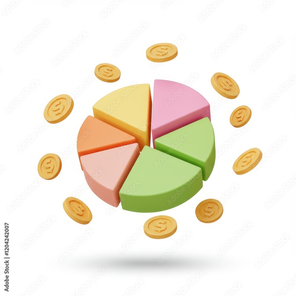 Poster a 3d illustration of a colorful segmented pie chart in pastel tones with golden coins floating aroun