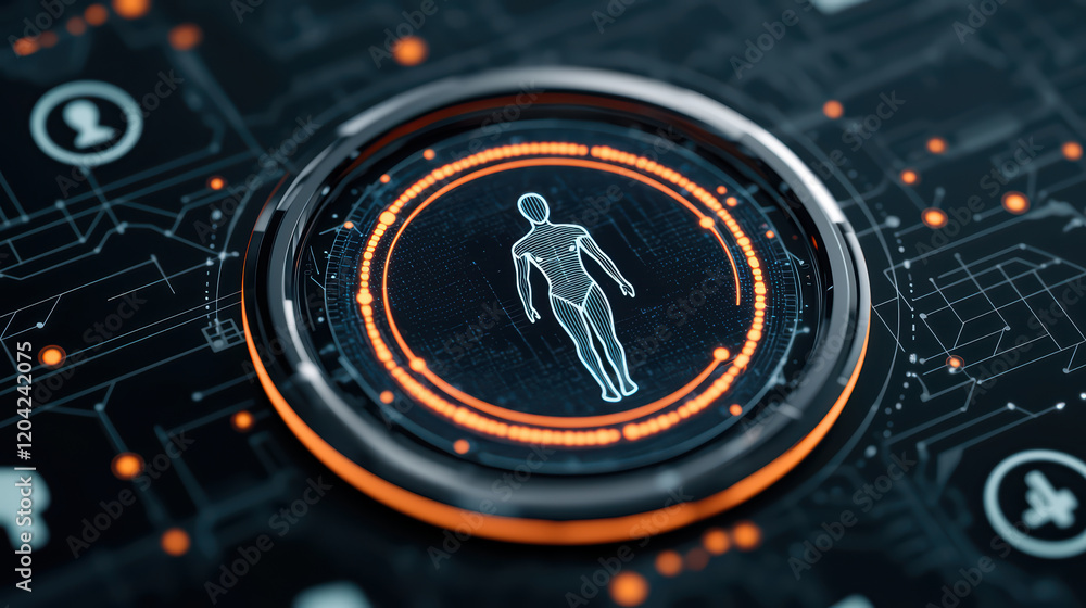 Poster digital human figure in tech interface with circuits