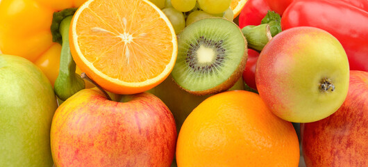 Ripe and juicy vegetables and fruits. Bright background.