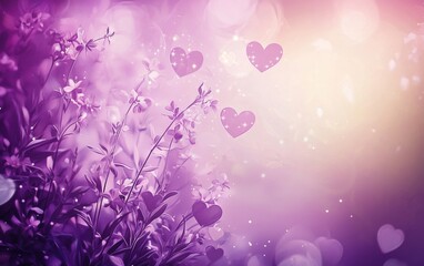 A dreamy lavender background with delicate floral patterns and glowing hearts for valentines day
