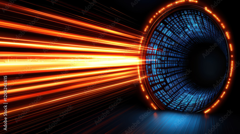 Poster futuristic tunnel with glowing data streams and light effects