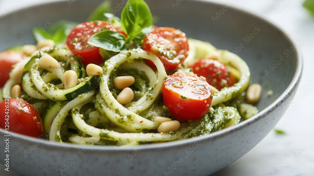 Wall mural Elegant zucchini noodles with fresh pesto and cherry tomatoes served in a gray bowl on a marble table in bright natural light