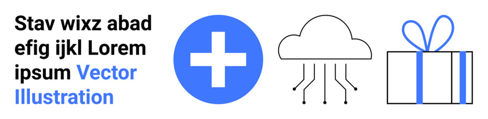 Blue medical cross, cloud connection, and gift box with ribbon alongside placeholder text. Ideal for web design, healthcare, cloud computing, gifting, templates, digital interfaces and technology