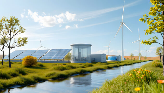 Solar Panels, Wind Turbine and River: Green Energy Mix

