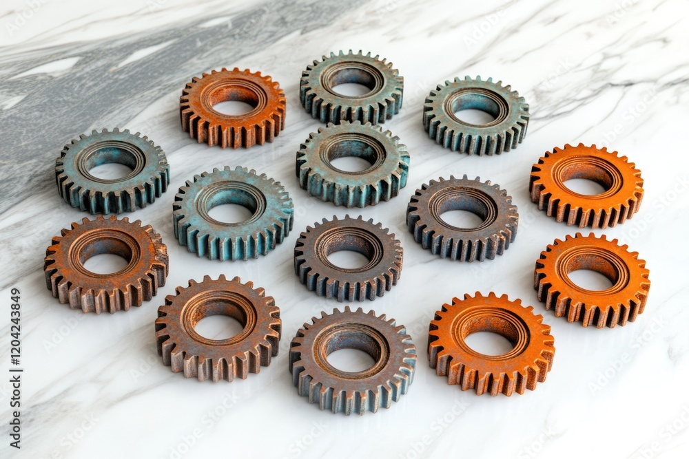 Poster rustic gears arranged in a grid pattern on a marble surface, showcasing their intricate details and 