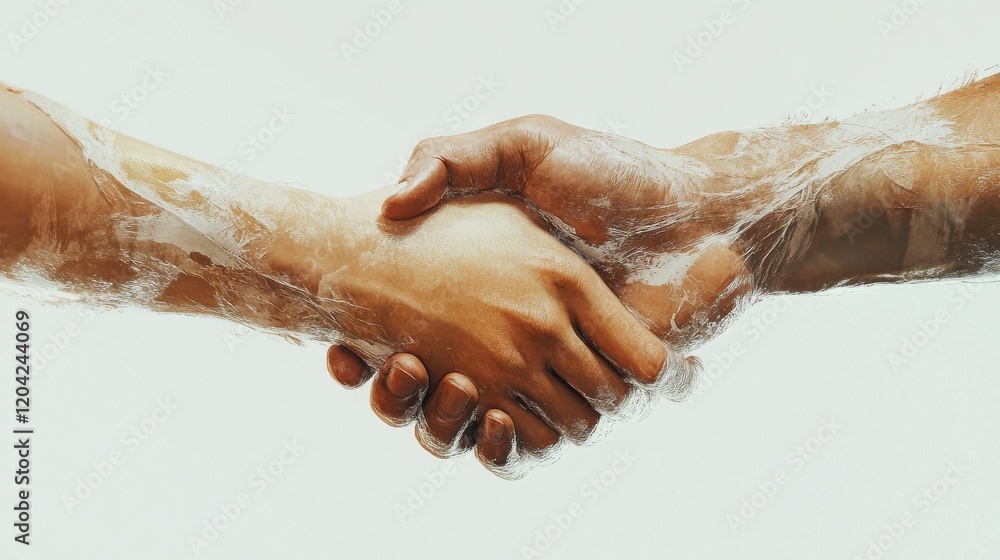 Poster a hand is shaking another hand in a digital image. concept of connection and collaboration between t