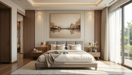 modern bed room interior warm light  cream color painting background