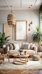 Modern living room interior background, wall mockup, 3d render