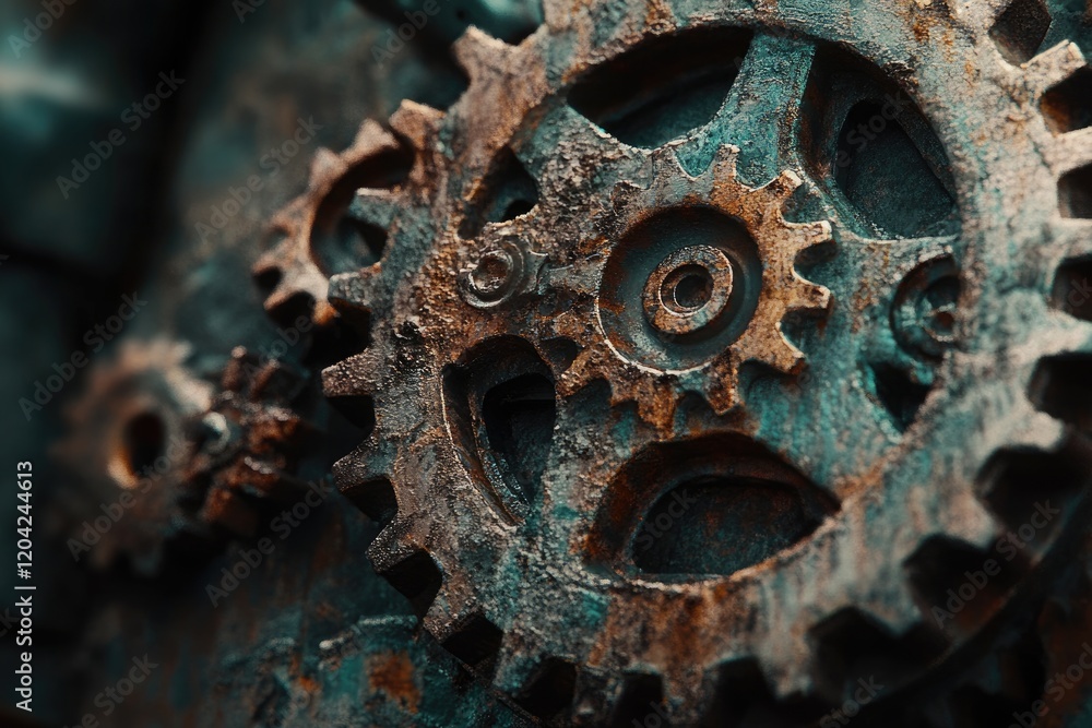 Poster close-up of rusty, interconnected gears, showcasing intricate details and textures of aged metal.
