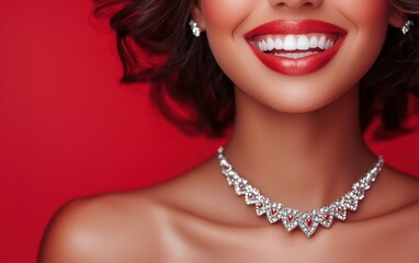 A glamorous close-up of a woman showcasing intricate silver jewelry, her smile dazzling against a pastel red background blur for valentines day
