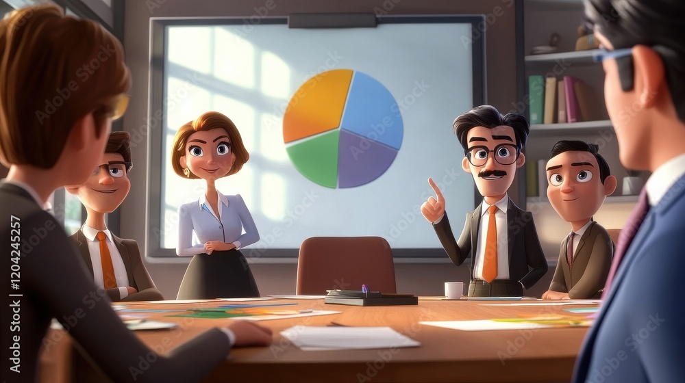 Poster cartoon style meeting with a group of animated characters around a conference table, one character p