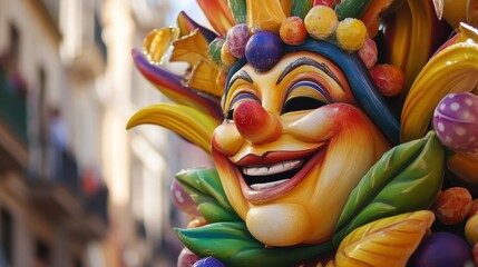 Fototapeta premium A costumed clown with exaggerated facial features, colorful attire, and theatrical makeup posing outdoors. The purple and gold outfit, red nose, and ruffled collar highlight the playful yet eerie appe