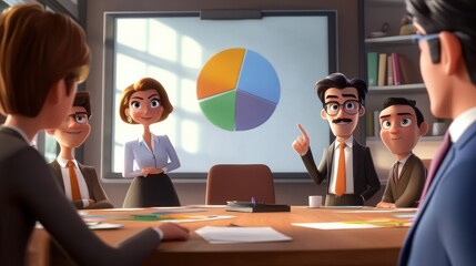Cartoon style meeting with a group of animated characters around a conference table, one character pointing at a pie chart on the wall