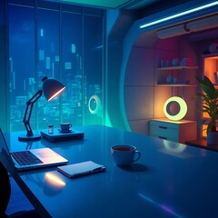 Futuristic night office with city view.