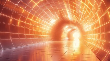 Shine grid. Futuristic perspective architecture landscape, abstract tunnel with glowing elements. Wall of buildings, data science storage vector background