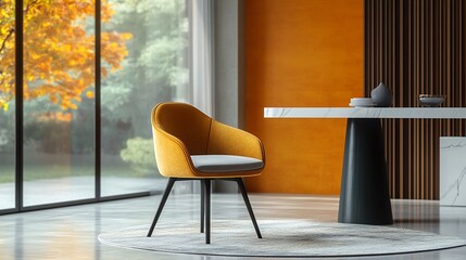 Modern yellow chair in autumnal dining room