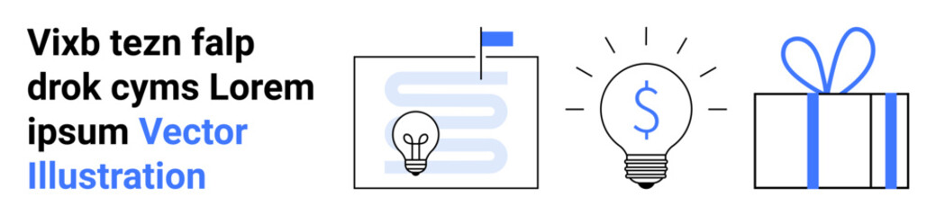 Blueprint with light bulb, lit light bulb with dollar sign, and gift box illustrate creativity, financial success, and rewards. Ideal for innovation, business planning, finance, strategy