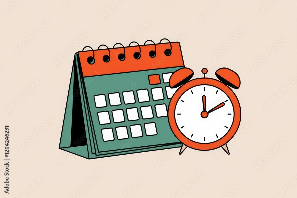 Poster Desk calendar and alarm clock symbolize time management and scheduling.