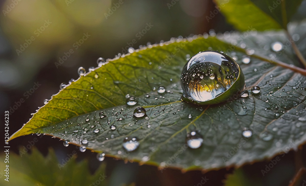Poster a leaf with water droplets on it. the droplets are small and scattered, giving the impression of a l