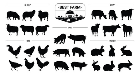 Farm animal silhouette set. Farming animals, sheep, rabbits, pigs, cows and hen. Isolated silhouette icon vector collection