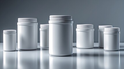 Collection of Blank White Plastic Containers for Supplements or Powder