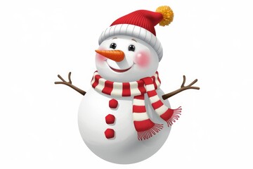 A cheerful snowman, wearing a red hat and scarf, smiles playfully against a white background.