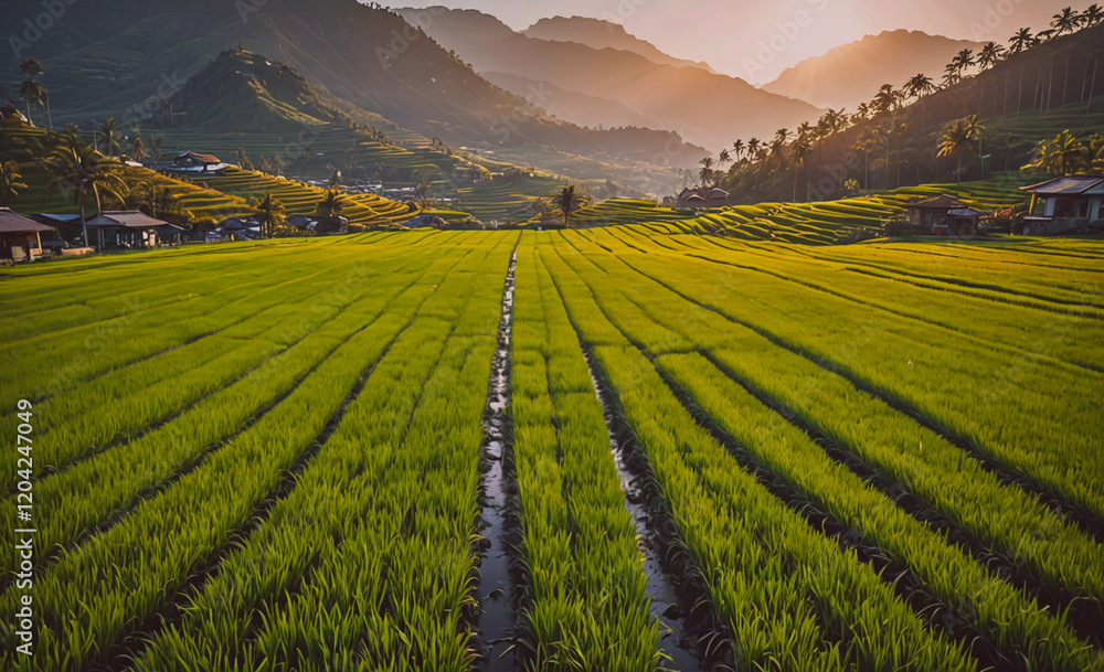 Poster a field of green grass with a mountain in the background. the field is very large and is full of gra