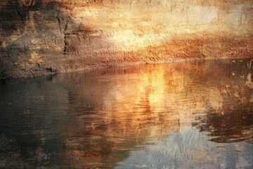 Naklejka premium Abstract landscape with warm sunset hues reflected in still water, textured earth.