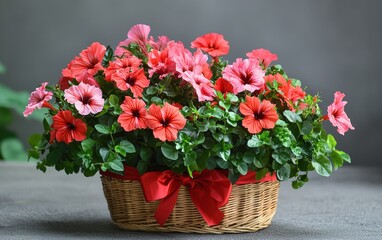 A lively bouquet of red geraniums and pink hibiscus flowers, arranged in a wicker basket with a red bow