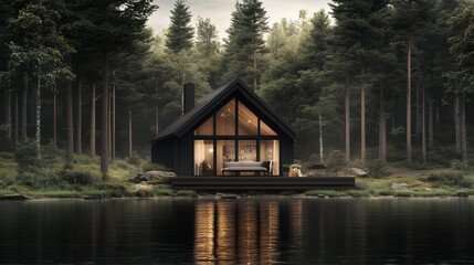Fototapeta premium A stylish cabin surrounded by lush trees next to a tranquil lake.