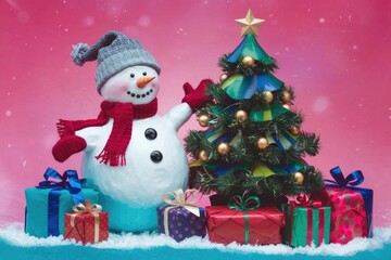 A cheerful snowman stands beside a decorated Christmas tree, surrounded by festive gifts in a snowy winter scene.
