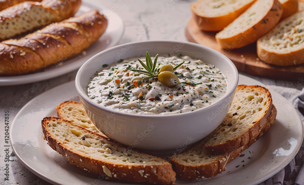 Poster a white plate with a bowl of soup and a few pieces of bread. the soup is garnished with herbs and ha