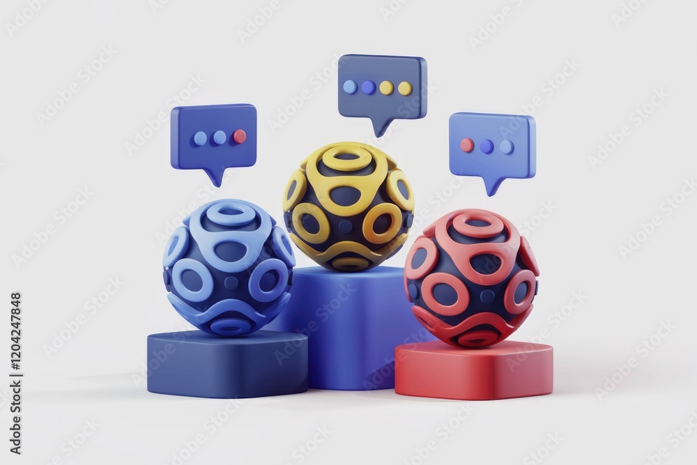 Poster three 3d patterned spheres with speech bubbles above, representing communication and collaboration.