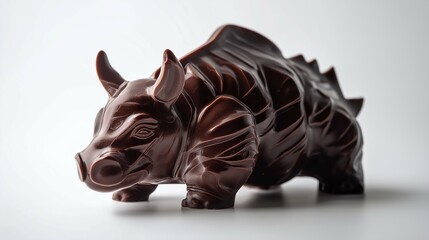 3D chocolate sculptures resembling animals, with intricate details and glossy finishes, captured on a minimalist white background