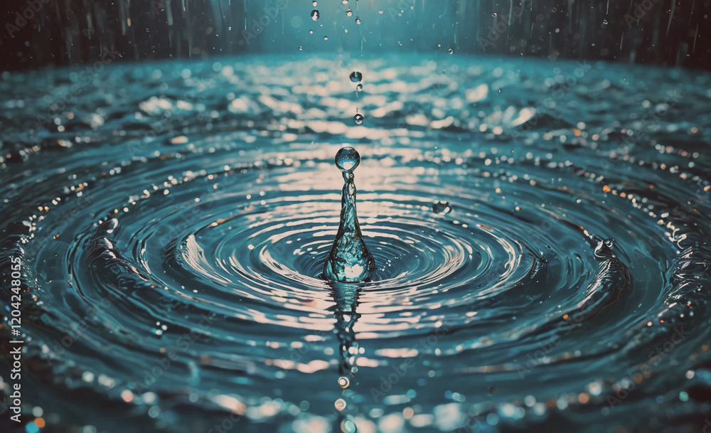Poster a drop of water is falling into a large body of water. the water is calm and still, with ripples for