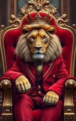 Obraz premium The Regal Lion King: A Majestic Throne in Red