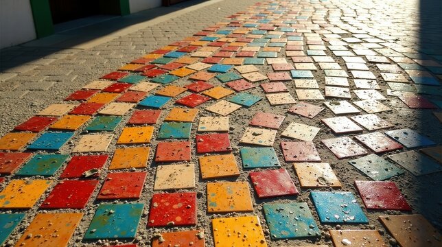 Vibrant multicolored square tiles pathway design, outdoor sunlit scene, artistic pavement texture, colorful stone blocks, geometric pattern, decorative ground surface