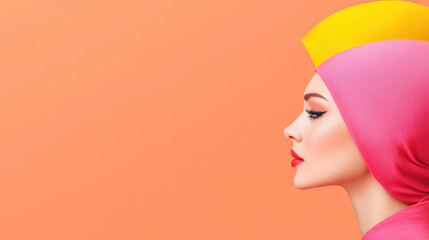 Stylish woman in vibrant headscarf against orange background